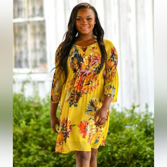 Spense Yellow Floral Bell Sleeve Dress Size 6 - Picture 1 of 7